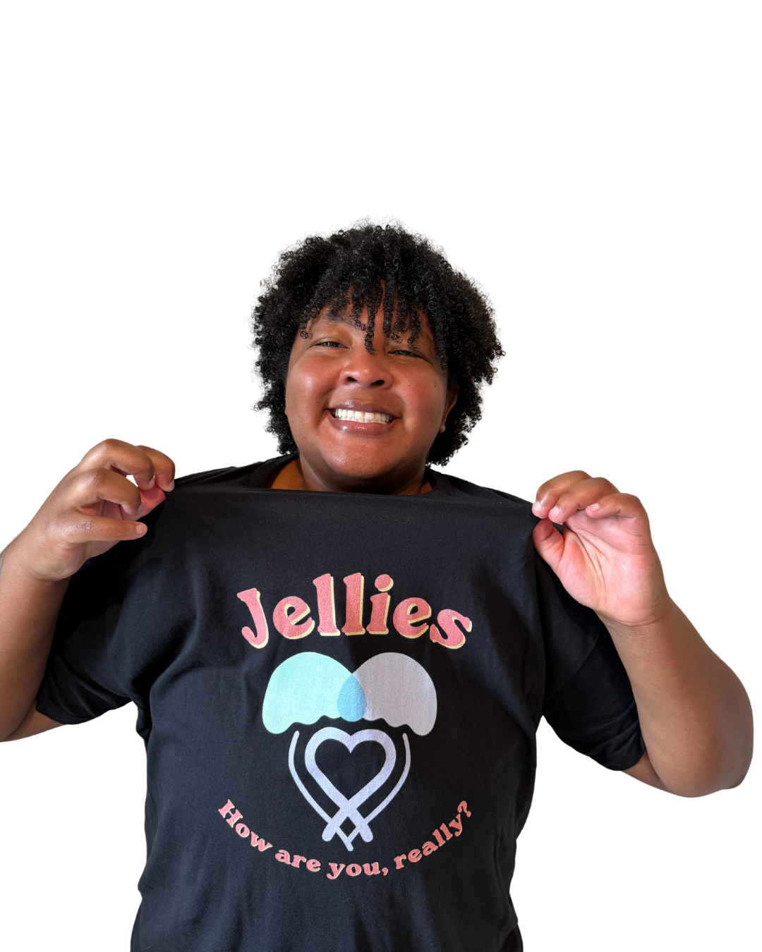 Shauna holding a Jellies tee