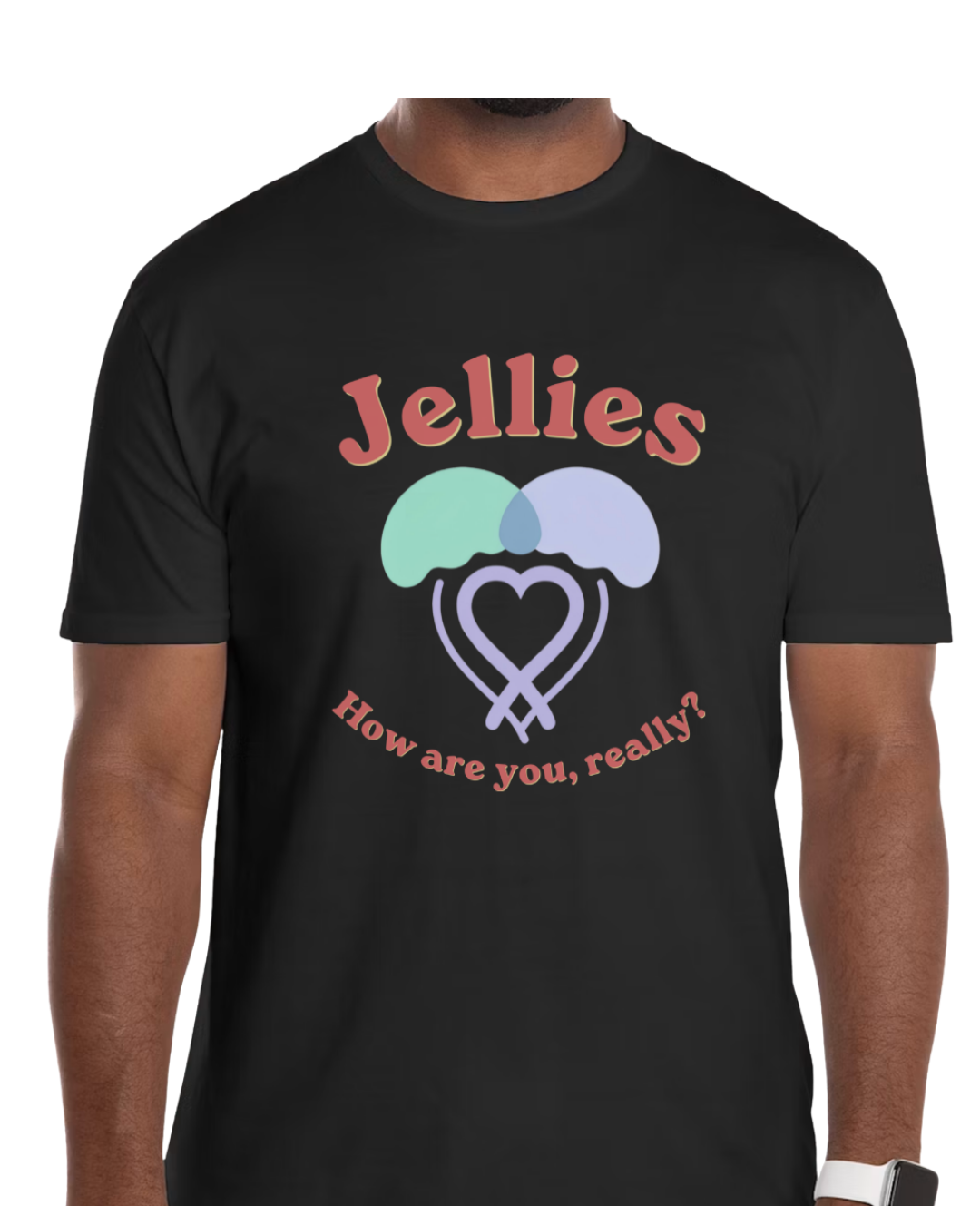 Jellies black tee — jellyfish logo and 'How are you, really?'