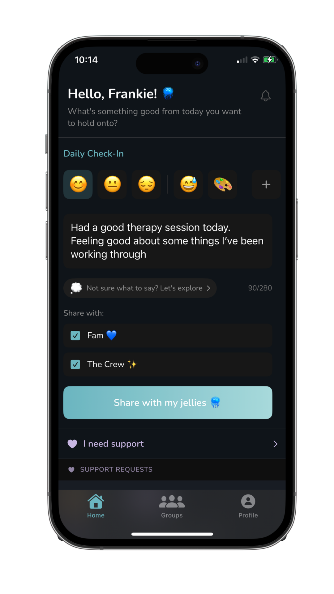 Jellies daily check-in screen