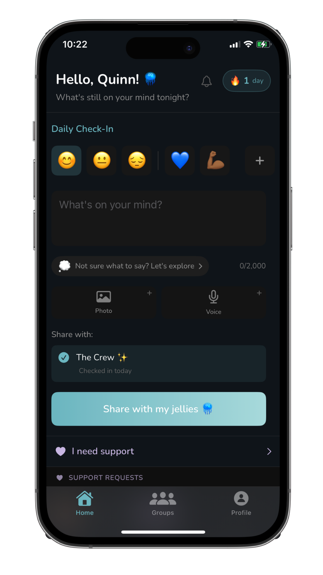 Jellies+ premium check-in screen